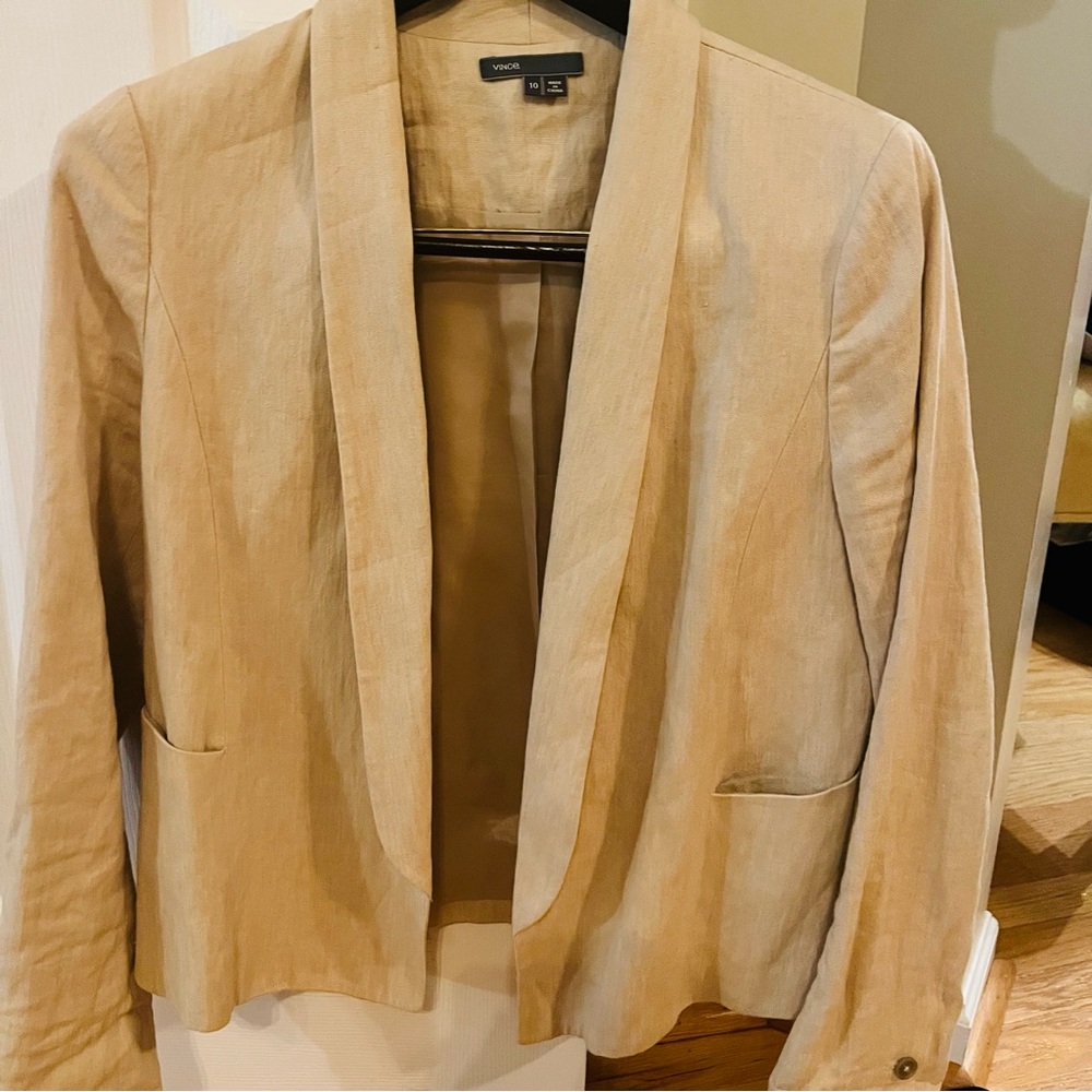 Vince Linen Blend Rustic Open Front Blazer Cropped Oatmeal Beige Size 10 - Picture 8 of 8